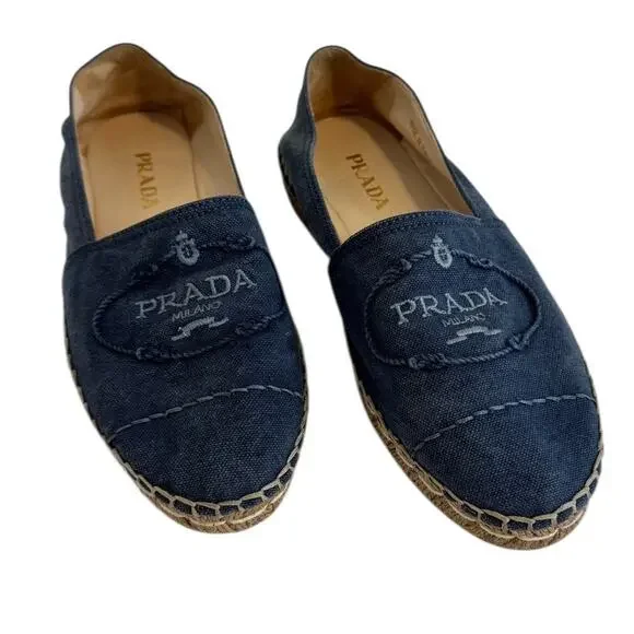 Prada Logo Blue Denim Espadrilles Size 37 Designer Slip On Flats Authentic - Picture 7 of 12